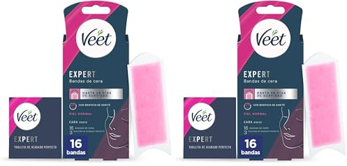 Veet Expert Bandas de Cera Fría Depilatoria para Depilación Facial, Adecuado para Labio Superior (Bigote), con Manteca de Karité, 16 tiras (Paquete de 2)