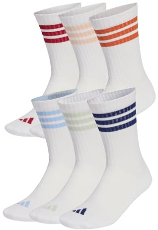adidas Unisex 3 Stripes Essentials Cushioned Crew Socks 6 Pair Pack, white/active maroon/fox orange/dark blue, 6.5-8