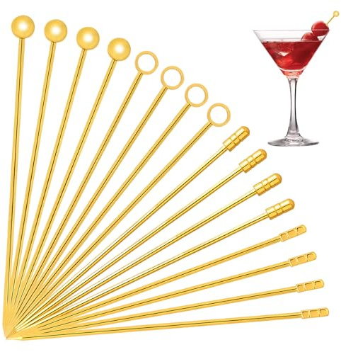 16 palillos de cóctel, palillos de dientes de cóctel de 4.3 pulgadas, brochetas de oliva Martini para decorar cócteles, doradas, reutilizables, pinchos Bloody Mary para aperitivos de frutas y