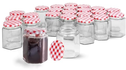 MAGNA RETAIL Hexagonal Jam Jars - Set of 24 | 250ml Capacity | Glass Jars with Lids | Preserving Pots | Screw Top Gingham Lids | Airtight Pickling & Sauce | Wedding Favours | Sweets, Herbs & Spices