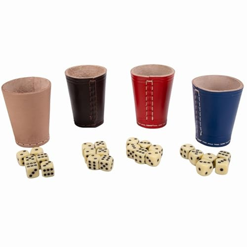 GICO Juego de 4 Cubiettes de Dados de Cuero de Colores Azul, Rojo, Naturale marrón estándar (9 cm) con 24 Dados - 5908