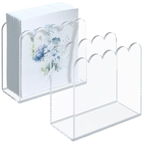 Napkin Holder, 2 Pack Scalloped Acrylic Napkin Holder for Table, U-Shaped Cocktail Napkin Dispenser for Home Clear Tissue Dispenser for Kitchen Guest Towel Holder for Bathroom(2pcs Clear Scalloped)
