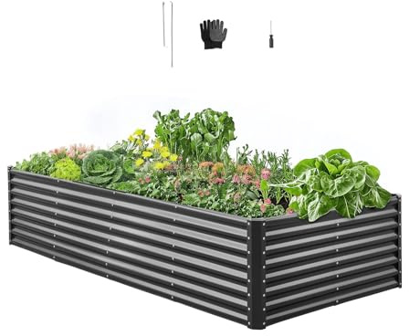 VEVOR Cama Elevada de Jardín, Arriate de Jardín de Metal con Fondo Abierto, para Cultivo de Flores Plantas Verduras con Accesorios para Patio, Balcón, Terraza (Gris Oscuro, 2400 x 1200 x 600 mm)