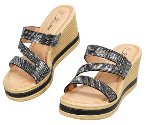 JOMIX Sandales Femme Compensées à Paillettes Claquettes à Strass Chaussures D'été à Talon épais Confortables WWC260340 (Noir, 38)