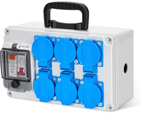 Distribuidor de corriente para construcción 16 A IP67 con base Schuko de 6 tomas e interruptor diferencial 30 mA, 230 V, caja de distribución de corriente para obras, jardín exterior, distribuidor de