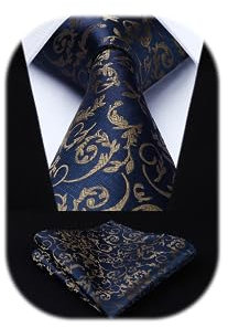 HISDERN Krawatten für Herren Extra Lange Paisley Krawatte und Einstecktuch Set Elegante Klassisch Hochzeit Seidenkrawatte Taschentuch Marine & Gold
