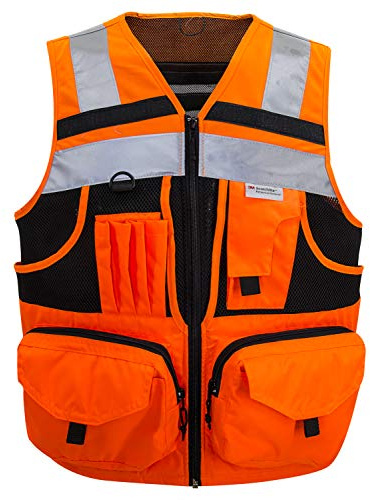 ZUJA 3M Reflective stripes Safety Vest Hi-vis Orange knitted Vest with 10 pockets Bright Construction Workwear for men and women. (Small)