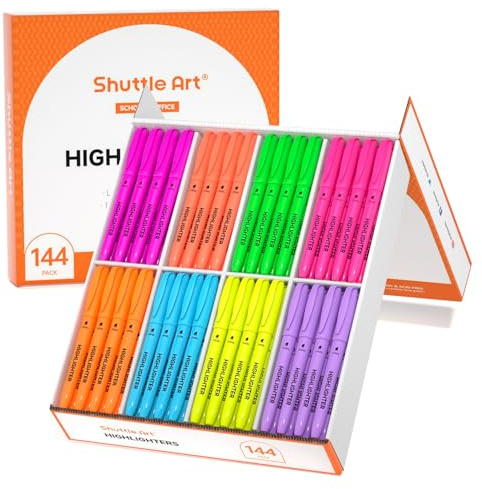 Shuttle Art Highlighters, 144 Pack 8 Assorted Colours, Chisel Tip | Quick-Drying Non-Toxic Bright Colours Highlighter Markers for Adults Kids Highlighting in Home School Office