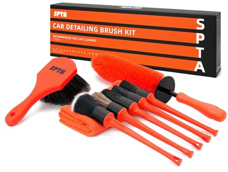 SPTA Lot de 8 brosses de Nettoyage pour Roues et pneus, Brosse Facile à Atteindre pour Roues et Jantes, 5 brosses de détail, Brosse de Nettoyage à Manche Court, 1 Chiffon de Nettoyage en Microfibre,