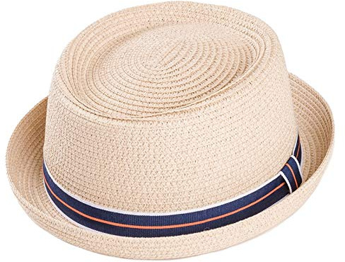 viz-uk wear Straw Summer Pork Pie Crushable Trilby Hat with Stripey Band