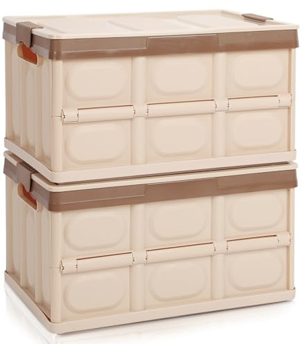 jocabo Collapsible Storage Box with lid 30L Lidded Storage Bin Crates Plastic Tote Container Stackable Folding Utility Crates Shelf Basket for Clothes Books Snack Shoe Storage Container (Khaki)