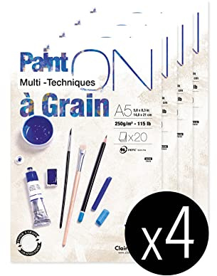 Clairefontaine 975048Cpack - PaintON Multi-technique Glued Pad - 20 Sheets of Multi-technique Drawing Paper with a Pronounced Grain - White - A5 14.8x21 cm 250g - Pack of 4 Pads