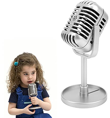 PUSOKEI Microphone Rétro Vintage, Accessoire de Microphone Jouet Simulé avec Support, Décoration de Table de Scène de Microphone Classique pour Cadeaux, Accessoires de Photographie(Argent)