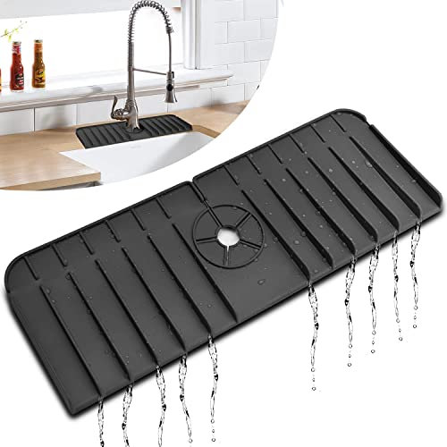 HeaHap Silicone Faucet Mat,Silicone Faucet Handle Drip Catcher Tray,Drip Protector Splash for Kitchen, Bathroom,Sink Mat, Dish Drying Mat, Sponge Holder(Black)