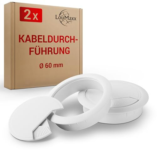 LouMaxx Kabeldurchführung Schreibtisch weiß – 2er Set Kabeldurchlass 60mm Ø - Tisch Kabel Durchführungen aus stabilem Kunststoff - passgenaue Kabellochabdeckung mit Stabiler Tisch Kabeldurchführung