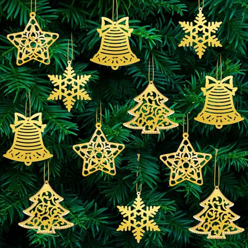Kiiwah 40 Pièces Decoration Noel Sapin Métal Or, Ornement Sapin Deco Noël avec Corde Christmas Tree Ornement Suspension Décoration Interieur Maison