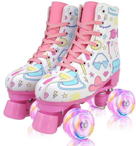 XUDREZ Patins à roulettes Triboluminescence Patins pour enfants et adultes Rose Impression Quad-Skates Roues lumineuses Réglables Pour filles, femmes et débutants (Blanc, 37)