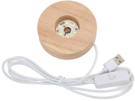 Aramox LED-ljussockel Trä Lampfot USB Runt Display Stativ 3,1 Tum Ek Trä för Kristallglas Harts Konstdekor med Objektstöd för Skrivbordsutställning (vit ljus bas)
