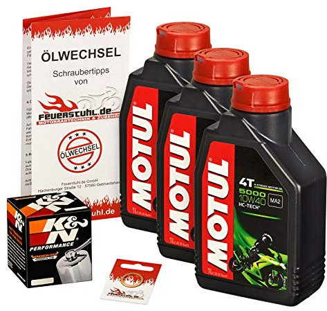 Motul 10W-40 Öl + K&N Ölfilter für Kawasaki W 650, 99-06, EJ650A - Ölwechselset inkl. Motoröl, Chrom Filter, Dichtring