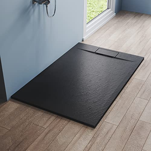 Duschwanne 140x90 Flach Duschtasse komplettset Schwarz 32mm Schieferoptik und Rutschfeste Struktur Inklusive Siphon
