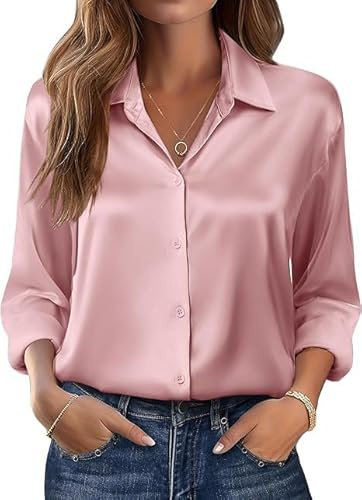 Beyove Chemisier Femme Satin Soie Col V Chemises Élégantes Manches Longues Business Tops avec Boutons Tops Chemise Ample à Manches Longues Rose XXL