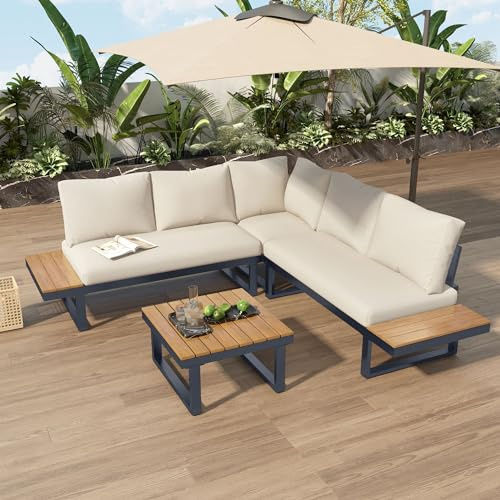 Merax Gartenmöbel Set 4-Personen, Gartenlounge Sitzgruppe Outdoor mit Couchtisch, Metallrahmen, Liegestuhl mit verstellbare Rückenlehne, für Garten Balkon und Terrasse, mit Sitzkissen, Beige & Grau