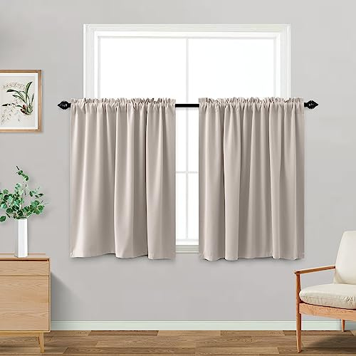 KOUFALL 30 Inch Length Greige Beige Tier Curtains Blackout Thermal Insulating Small Tan Curtains 30 Inches Long for Kitchen Bathroom with Rod Pocket