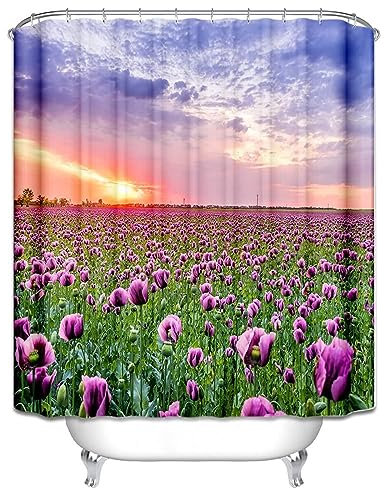 Lieson Duschvorhang 180x200CM Lila Grün Blau, Polyester Duschvorhänge Anti Schimmel mit ÖSEN Blumen und Sonnenuntergang Badezimmer Duschvorhang mit Haken