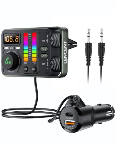 LENCENT Bluetooth 5.3 Auto FM Transmitter, PD20W QC18W Schnelles Autoladegerät, Radio Bluetooth Auto Adapter mit Dual Mics für Freisprecheinrichtung, Siri&Google, U Disk/3.5mm AUX, Hi-Fi Treble & Bass