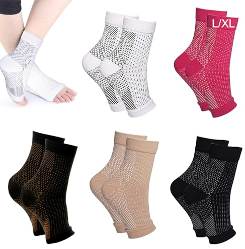 DGUSO Tobillera Estabilizadora 5 Pares Calcetines Compresión Para Neuropatía Tobillera Para Esguince Tobilleras Compresion Para Hombre y Mujer Tobillera Fascitis Plantar Tobilleras Deportivas (L/XL)