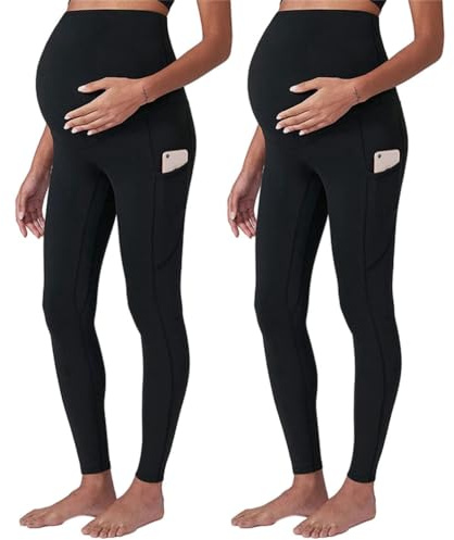 SUIUOI 2 st stretch leggings för moderskap, bekvämt hög midja moderskapsbyxor sport och fritid bekväma leggings kläder ogenomskinlig graviditet, svart, M