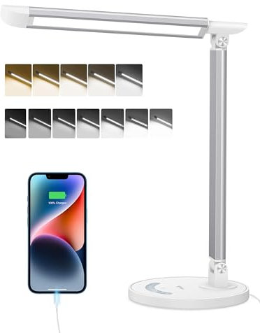 sympa Schreibtischlampe LED, dimmbare mit 7 Helligkeitsstufen, 5 Farbtemperaturen, USB-Ladeanschluss, Touch-Steuerung, Memory-Funktion, Lese-/Stehlampe für Zuhause und Büro, Silber