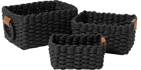 La Jolie Maison Small Black Wicker Baskets Set of 3, Paper Rope Storage Baskets with Handle, Small Woven Baskets for Organizing, Decorative Cute Baskets for Gifts