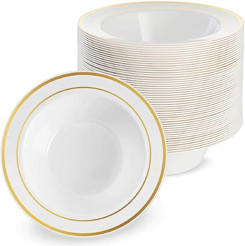 MATANA 100 Premium White Plastic Bowls with Gold Rim, 360ml - Elegant, Sturdy & Reusable - Soup & Dessert Bowls for Weddings, Birthdays, BBQ, Buffets, Catering, Parties