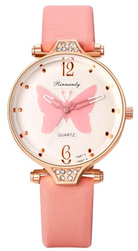 JewelryWe Reloj Mariposa Analógico Mujer: Relojes de Cuarzo Redondo Boho Rosa con Rhinestones para Señora y Estudiantes Correas de Cuero Ocio Negocios Regalos