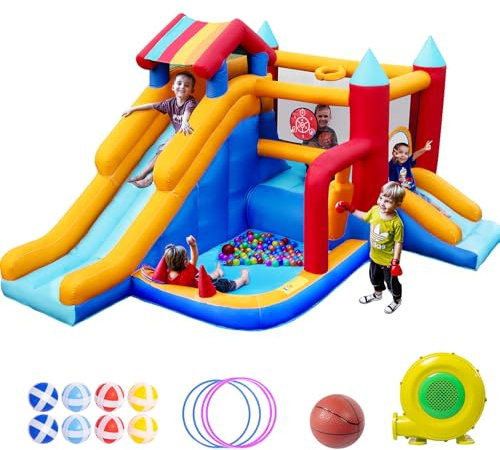 Castello Gonfiabile per Bambini, FOOING 9 in 1 Casa Rimbalzo Gonfiabile con Soffiatore Aria, Trampolino, Scivolo, Rastrello Basket, Muro Arrampicata, Casa Gonfiabile Interna per Festa Compleanno