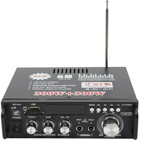 HiFi-förstärkare, 600 W ljudeffektförstärkare, 20 KHz frekvens stereo-ljudförstärkare, mottagare med fjärrkontroll, 2 mikrofonportar, 2 handtag för SD-kort, USB-flash-enhet, Bluetooth, MP3