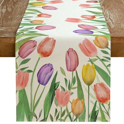 Piante Fiori Runner da Tavolo, Runner Tavola Moderno con Fiori, Runner da Tavola con Fiori, Primaverile Cucina Tavolo Decorazione, 33 x 183 cm (C)