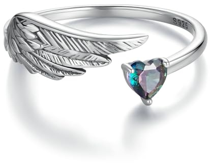 Kerraom Verlobungsring Feder Ring Silber 925 Damen Engel Flügel Ring Herz Zirkonia Verstellbarer Offener Ringe für Frauen Mädchen Damenring Echt Sterling Silber 925