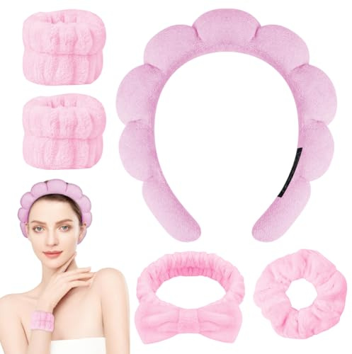 Alaoo Fascia Capelli Donna Trucco, 5 Pz Set di fasce per il lavaggio del viso, Archetto elastico antiscivolo, Adatto per lavare il viso, applicare il trucco, fare la doccia, spa, massaggi(Rosa)