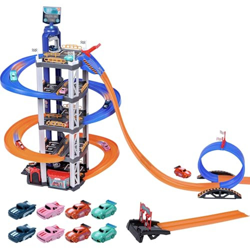 Charmofun 5 Etages Garage pour Enfants, Circuit Voiture Enfant avec 8 Voitures, Double Rampe, Ascenseur, Son et Lumière, Grand Garage Voiture Parking Jouet Enfants 3 4 5 6 7 8 Ans