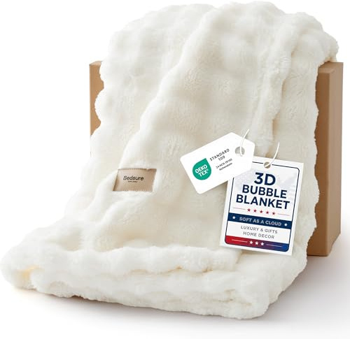 Bedsure 3D Fleece Bubble Blanket for Couch - GentleSoft White Spring Throw Blanket for Sofa Bed Room Decor - Luxury Soft Cozy Blanket Mothers Gifts Day for Women, Lightweight, Off White, 50×60