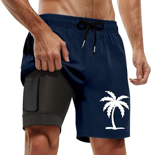 Short de bain pour homme uni, été, décontracté, grande taille, sport, imprimé cocotier, double short de plage, short de bain court rétro pour homme, Marine, 5XL
