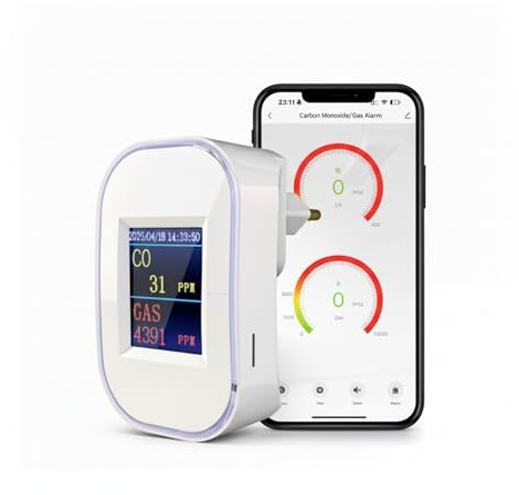 Rilevatore di Monossido di Carbonio e Gas WiFi con Spina, Allarme CO + Gas Naturale Metano GPL Propano Butano, Display LED, Monitoraggio App Tuya/Smart Life, Certificazione EN50291 & EN50194