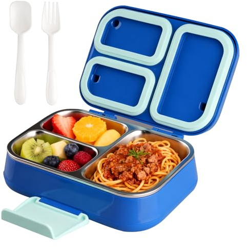 Rongxze Contenitore per il pranzo in acciaio inox, con tre scomparti, lavabile in lavastoviglie, ideale per la scuola e i viaggi