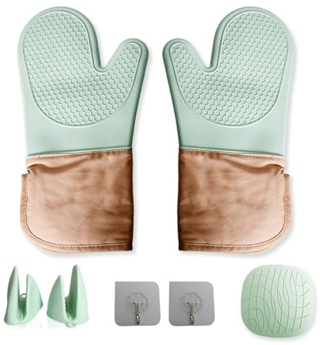 1 paio di Guanti da Forno Isolanti, Guanti da Cucina in Silicone e Cotone, Coppia di Pinze a Due Dita, Sottopentola Termoresistente, Set da Forno Anti-Scottatura, Verde