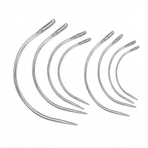Lot de 8 Aiguilles Courbées à Coudre (4 Tailles 2.0/2.5/3.0/3.5 Pouces), Aiguille Courbe en Acier Inoxydable avec Gros Chas pour Cuir, Toile, Rembourrage Canapé, Perruque et Tapis - Forme en C