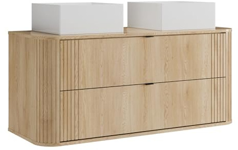 Vente-unique - Armario colgante con lavabo doble, cuadrado, color natural claro, longitud 120 cm