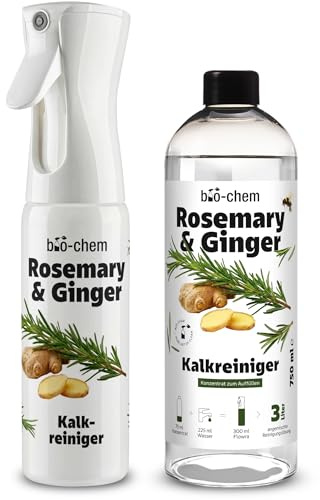 Ekologisk kalkrenare koncentrat Rosemary & ingefära | Badrenare mot kalk och vattenfläckar för dusch och beslag | rengöringskoncentrat med hög kapacitet | doftsprayflaska Flowra + 750 ml refill