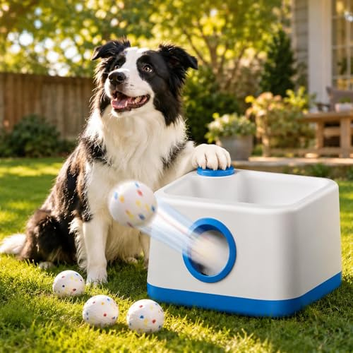 VMYTH Automatic Dog Ball Launcher — Features manual and automatic modes, sound function, and 3 launch distance settings;ball thrower dog with 4PCS 2.3-inch E-TPU balls.